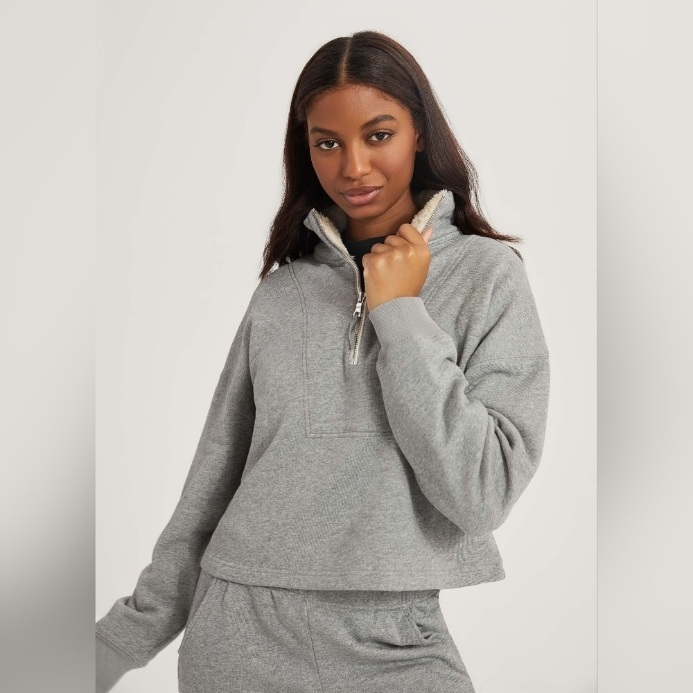 Something Navy Gray Quarter Zip Sherpa Collar Sweatshirt Size XS Oversized Terry